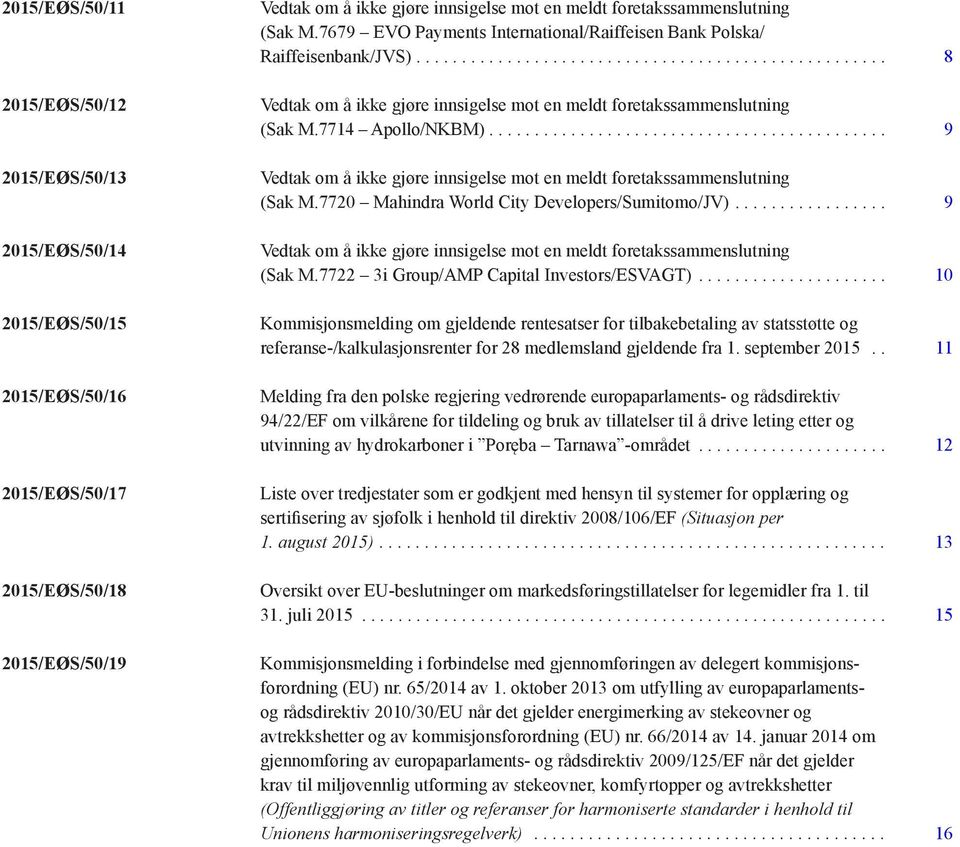 .. 10 2015/EØS/50/15 Kommisjonsmelding om gjeldende rentesatser for tilbakebetaling av statsstøtte og referanse-/kalkulasjonsrenter for 28 medlemsland gjeldende fra 1. september 2015.