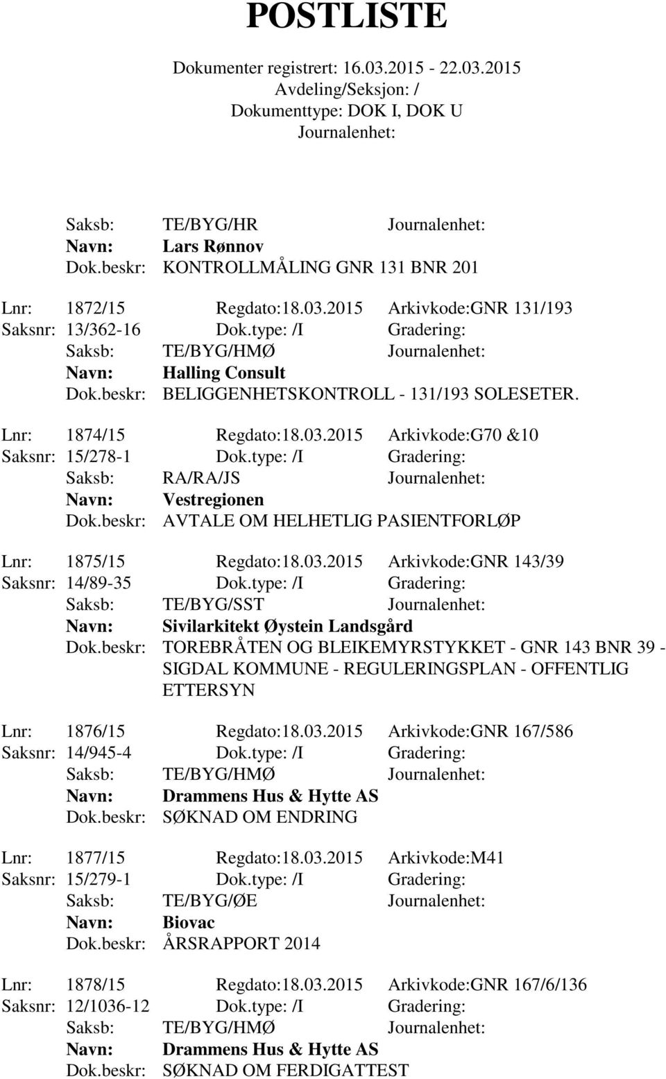 beskr: AVTALE OM HELHETLIG PASIENTFORLØP Lnr: 1875/15 Regdato:18.03.2015 Arkivkode:GNR 143/39 Saksnr: 14/89-35 Dok.type: /I Gradering: Saksb: TE/BYG/SST Sivilarkitekt Øystein Landsgård Dok.