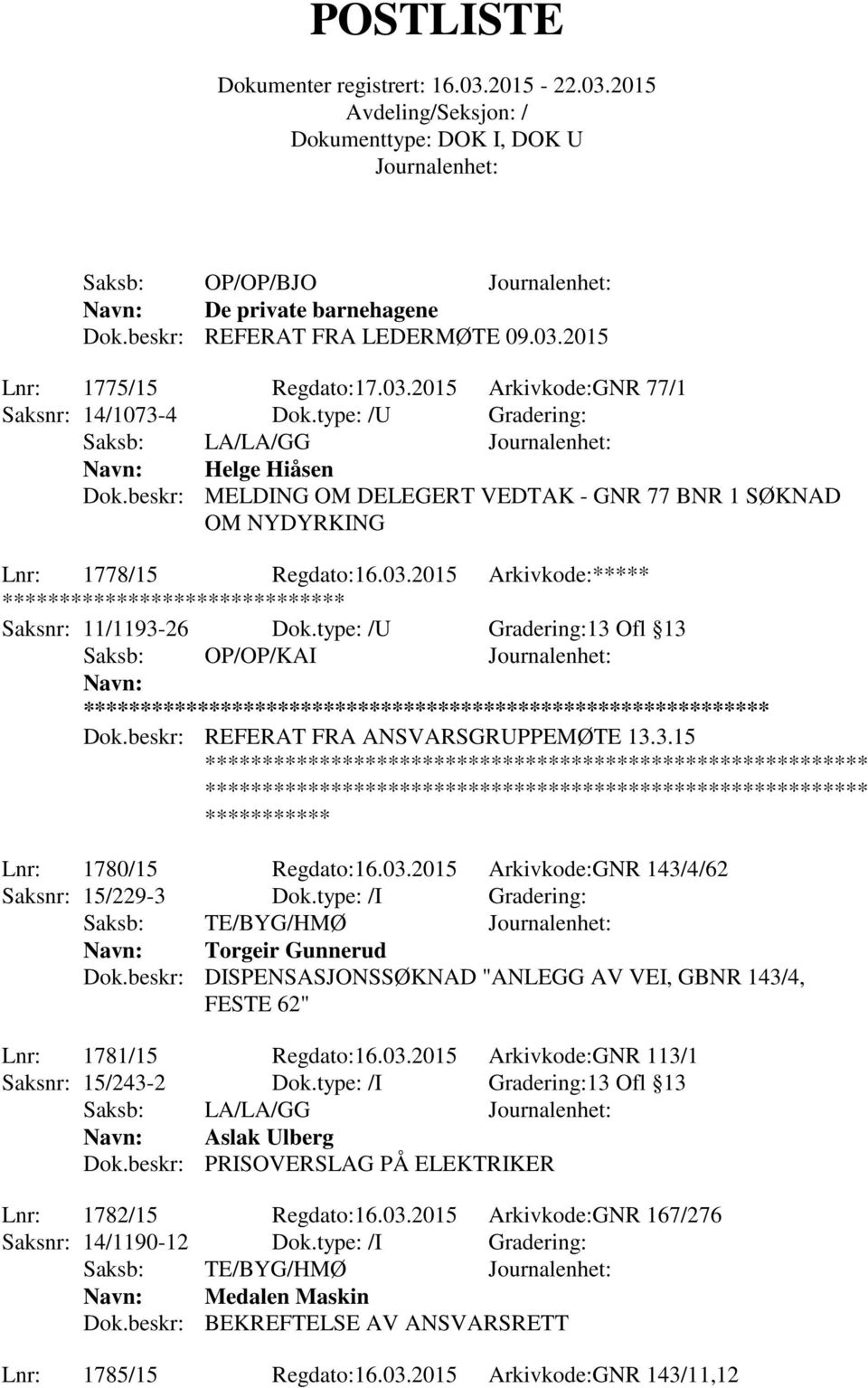 2015 Arkivkode:***** ******** Saksnr: 11/1193-26 Dok.type: /U Gradering:13 Ofl 13 Saksb: OP/OP/KAI ** Dok.beskr: REFERAT FRA ANSVARSGRUPPEMØTE 13.3.15 Lnr: 1780/15 Regdato:16.03.