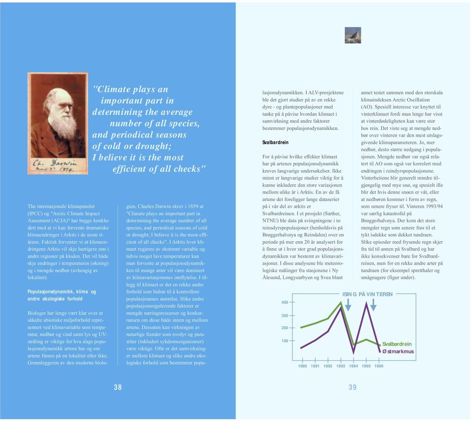 Populasjonsdynamikk, klima og andre økologiske forhold "Climate plays an important part in determining the average number of all species, and periodical seasons of cold or drought; I believe it is