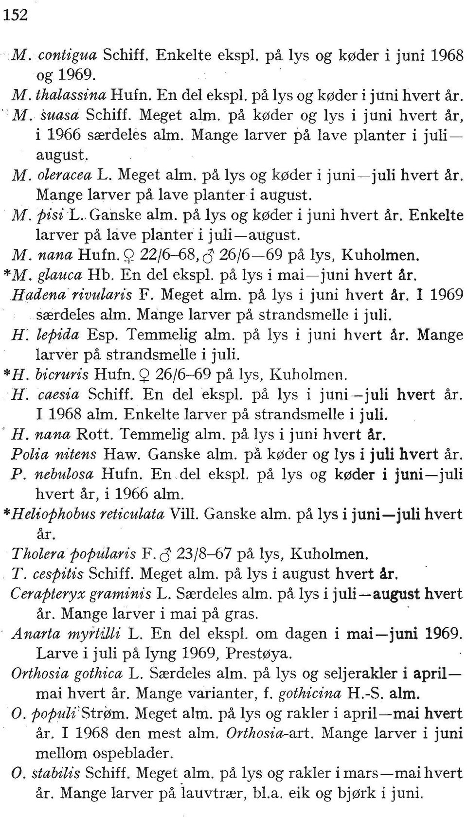 Mange larver pb lave planter i august. M. pisi L. Ganske alm. p% lys og k@der i juni hvert Ar. Enkelte larver p% lave planter i juli-august. M. nana Hufn. Q 22/6-68, $26/6-69 p% lys, Kuholmen. *M.