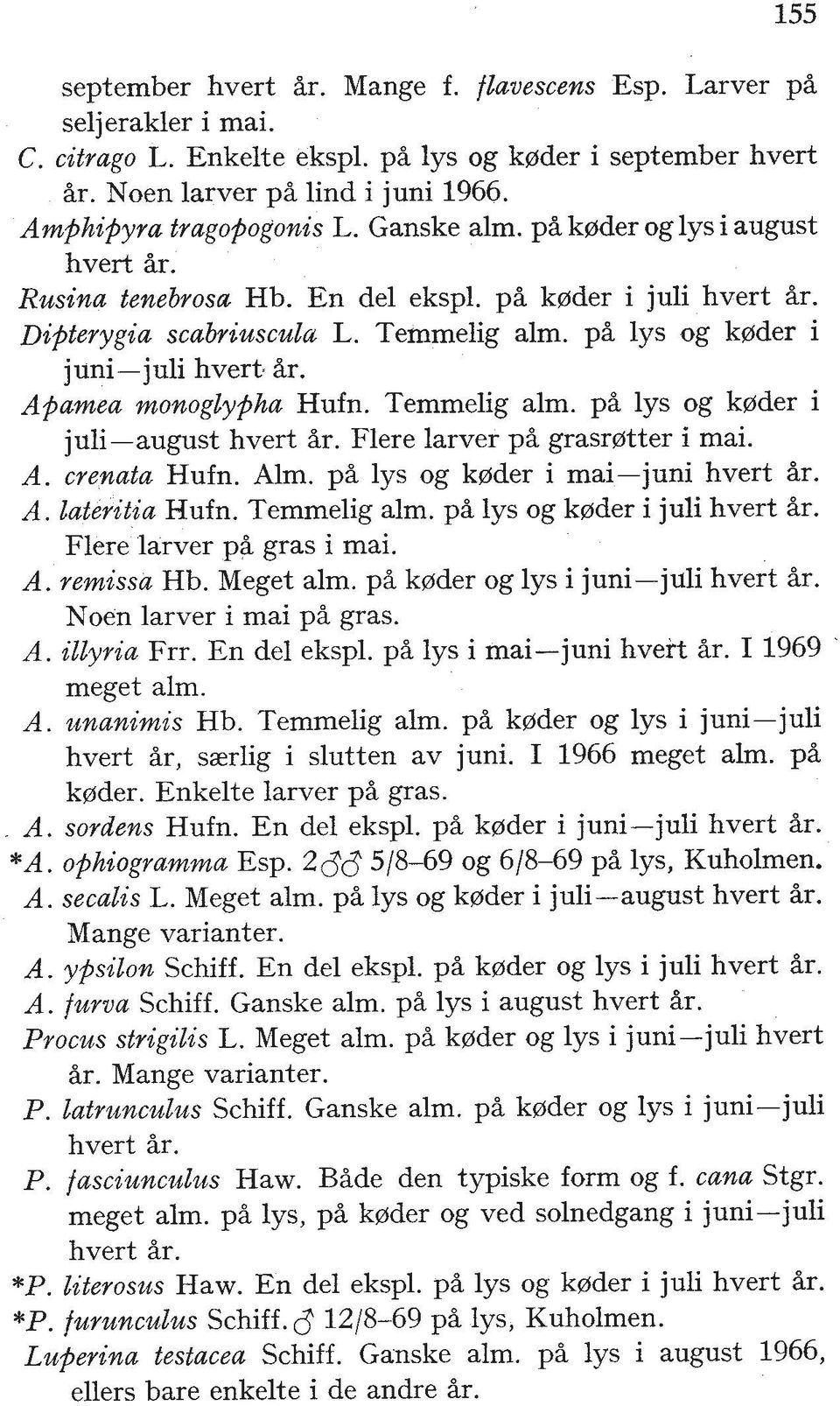 p% lys og kerder i juni- juli hvert* %r. Apamea monoglypha Hufn. Temmelig alm. p% lys og kerder i juli-august hvert %r. Flere larver p% grasrprtter i mai. A. crenata Hufn. Alm.