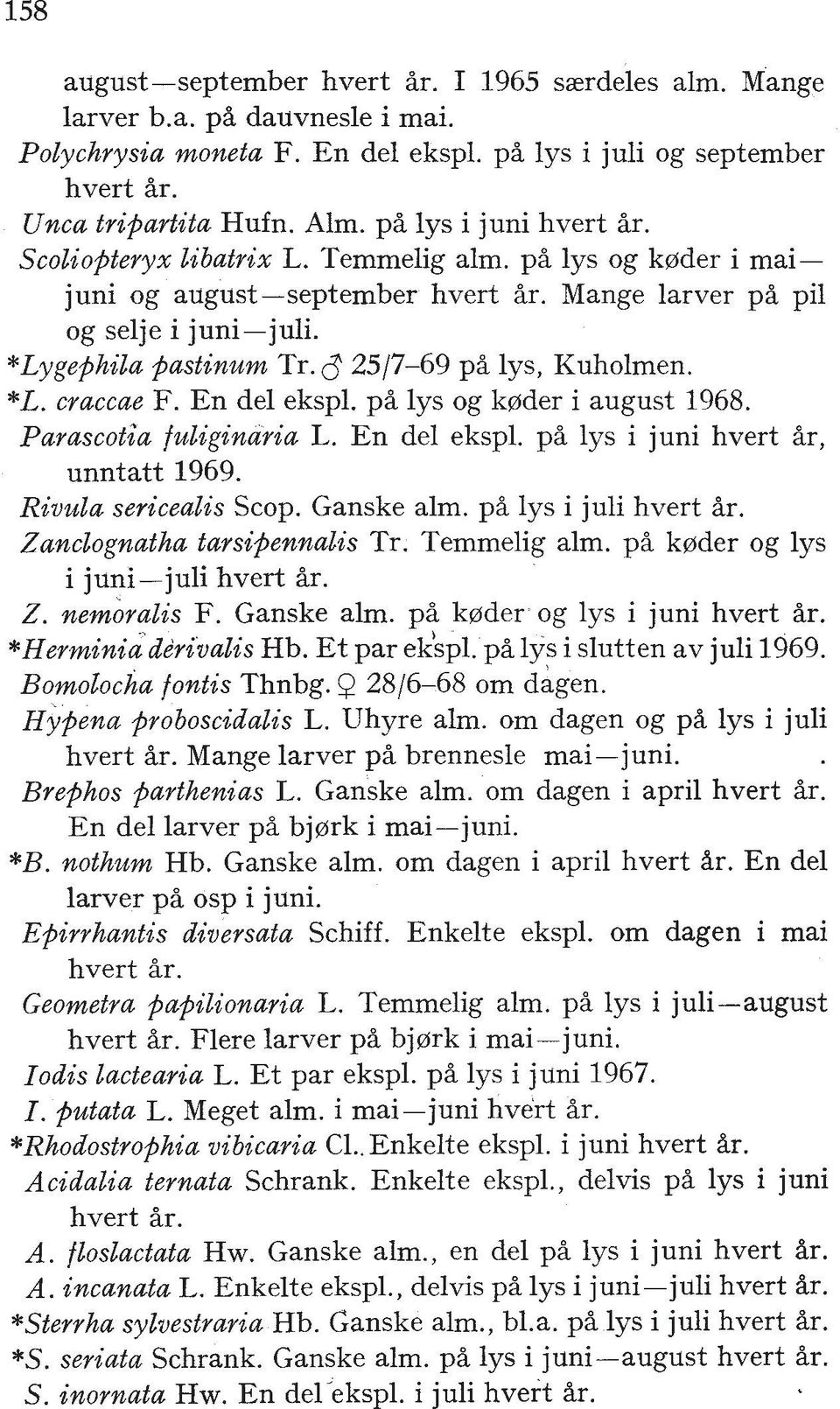 $2517-69 p% lys, Kuholmen. *L. craccae F. En del ekspl. p% lys og koder i august 1968. Parascotia fuliginaria L. En del ekspl. p% lys i juni hvert %r, unntatt 1969. Rivula sericealis Scop. Ganske alm.