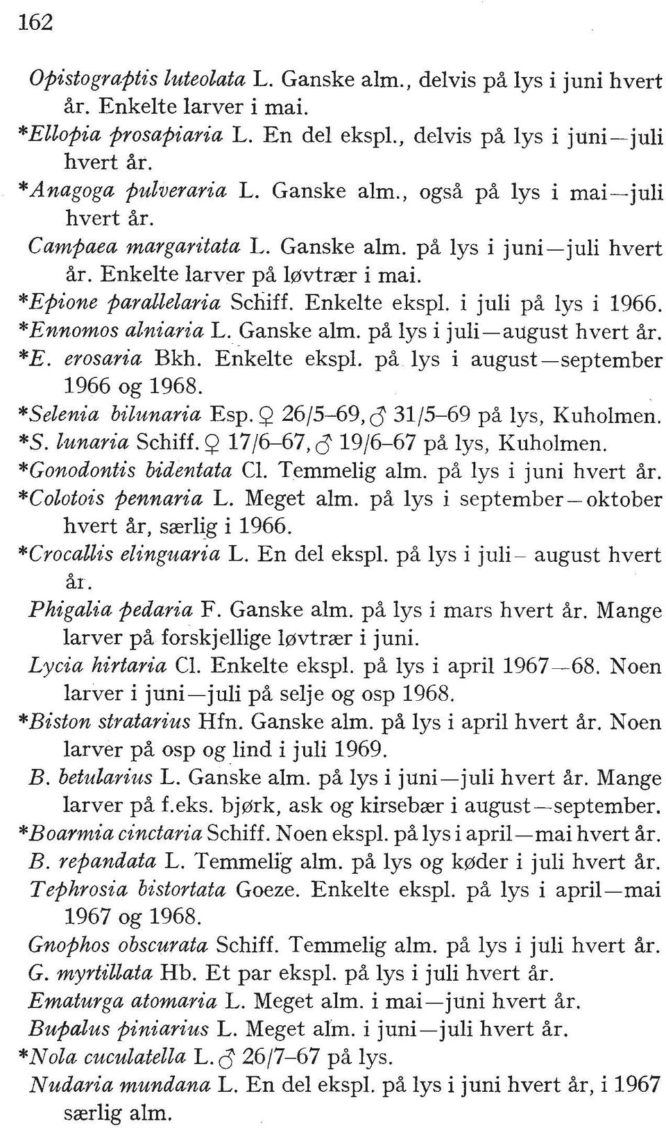 i juli p% lys i 1966. *Ennornos alniaria L. Ganske alm. p% lys i juli-august hvert %r. *E. erosaria Bkh. Enkelte ekspl. p% 1ys i august-september 1966 og 1968. *Selenia bilunaria Esp.