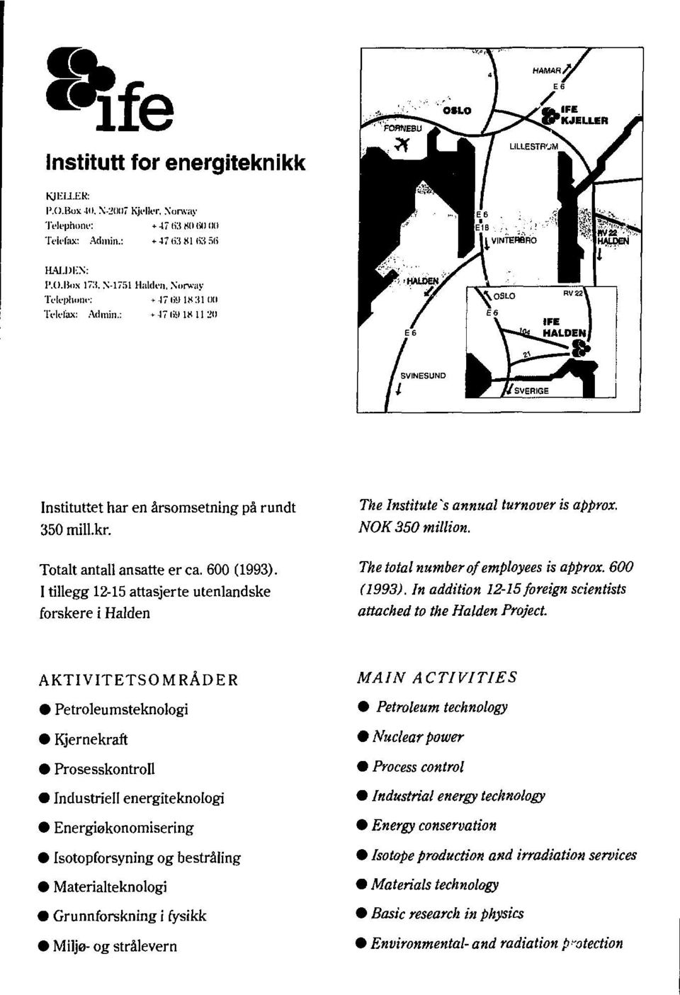 I tillegg 12-15 attasjerte utenlandske forskere i Halden The Institute's annual turnover is approx. NOK 350 million. The total number of employees is approx. 600 (1993).