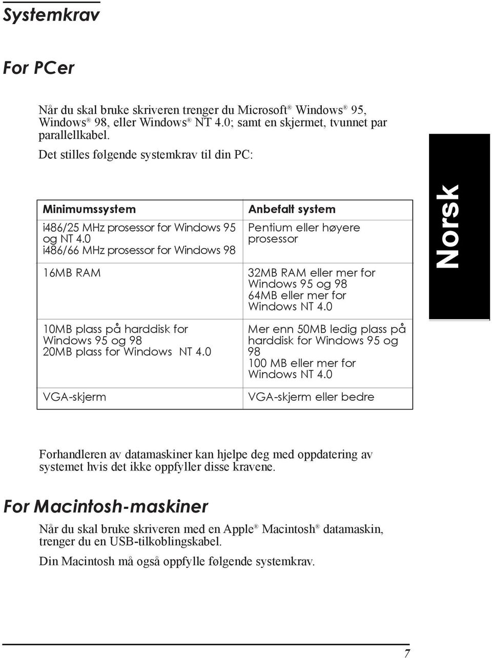 0 i486/66 MHz prosessor for Windows 98 16MB RAM Anbefalt system Pentium eller h yere prosessor 32MB RAM eller mer for Windows 95 og 98 64MB eller mer for Windows NT 4.