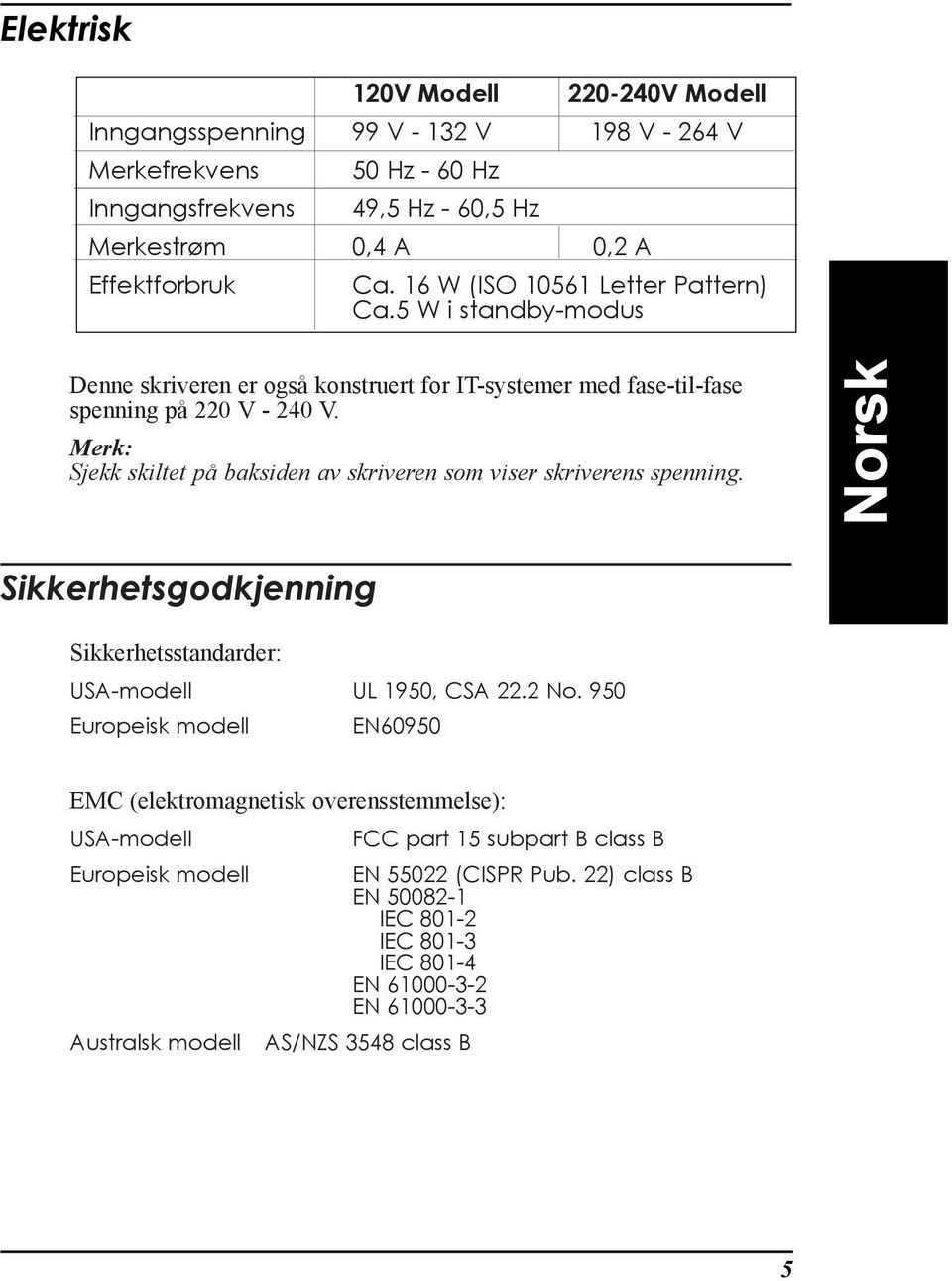 Merk: Sjekk skiltet pœ baksiden av skriveren som viser skriverens spenning. Norsk Sikkerhetsgodkjenning Sikkerhetsstandarder: USA-modell UL 1950, CSA 22.2 No.