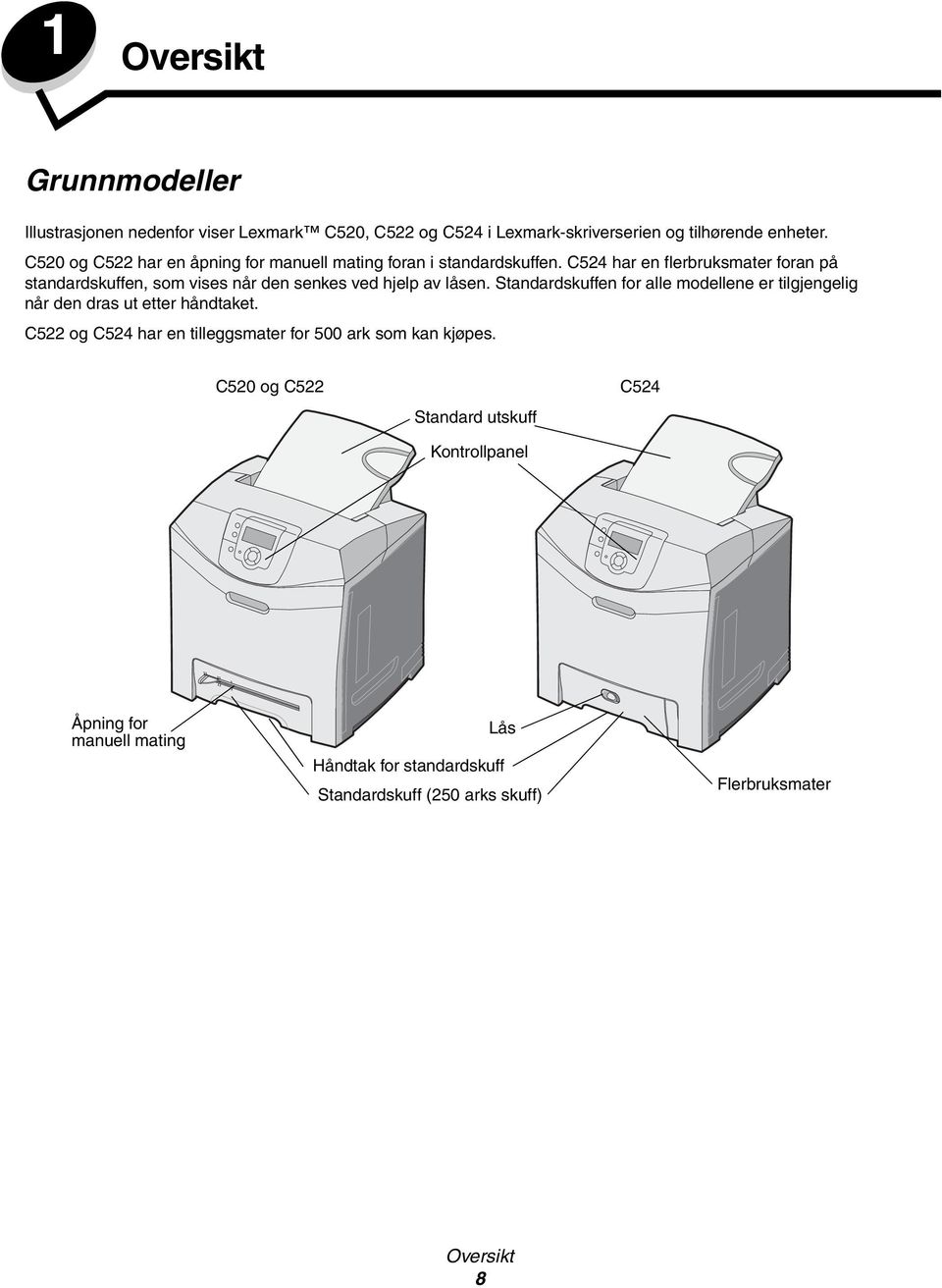 C524 har en flerbruksmater foran på standardskuffen, som vises når den senkes ved hjelp av låsen.