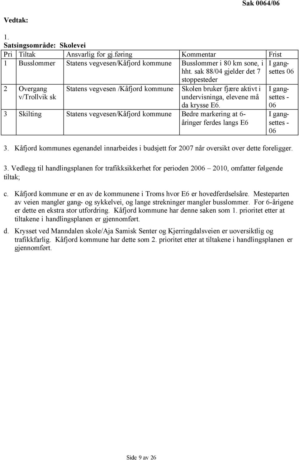 3 Skilting Statens vegvesen/kåfjord kommune Bedre markering at 6- åringer ferdes langs E6 I gangsettes 06 I gangsettes - 06 I gangsettes - 06 3.