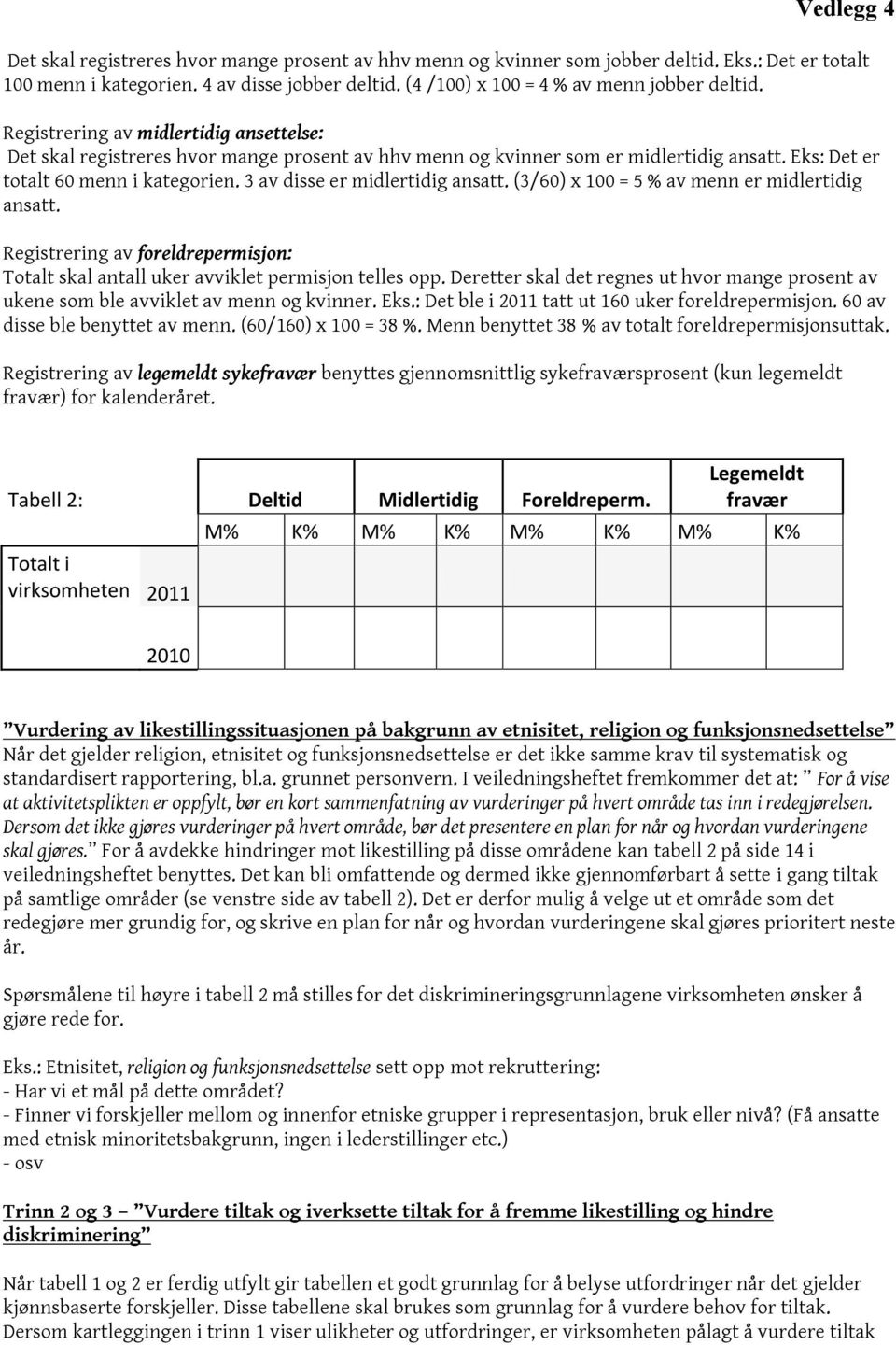 Eks: Det er totalt 60 menn i kategorien. 3 av disse er midlertidig ansatt. (3/60) x 100 = 5 % av menn er midlertidig ansatt.