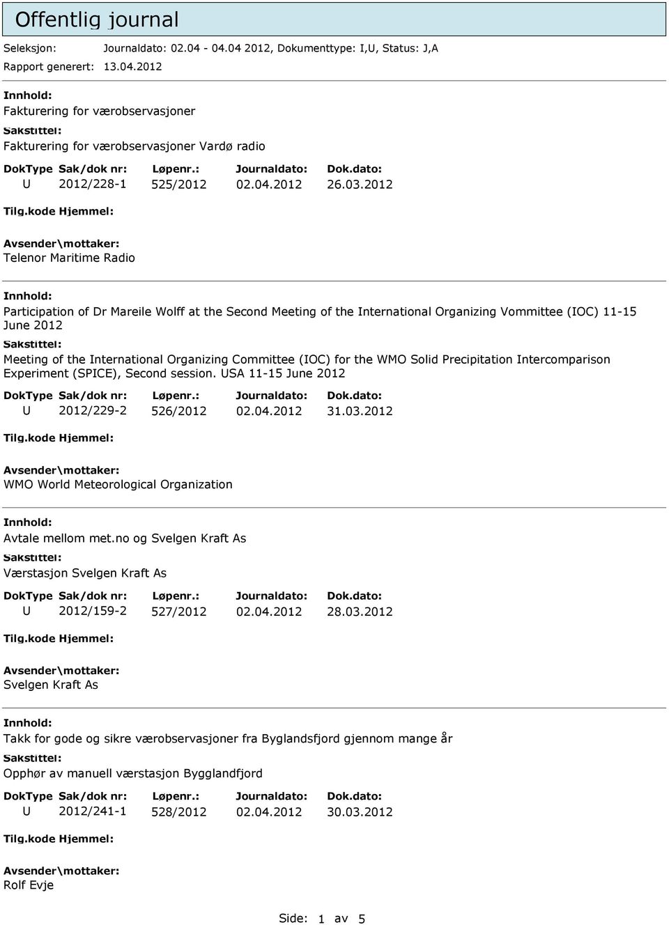 (OC) for the WMO Solid Precipitation ntercomparison Experiment (SPCE), Second session. SA 11-15 June 2012 2012/229-2 526/2012 31.03.2012 WMO World Meteorological Organization Avtale mellom met.