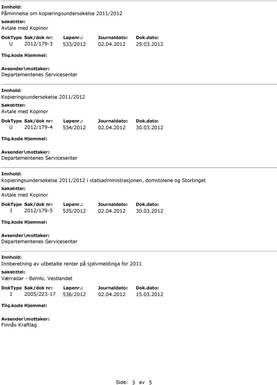 statsadministrasjonen, domstolene og Stortinget 2012/179-5 535/2012 nnberetning av utbetalte