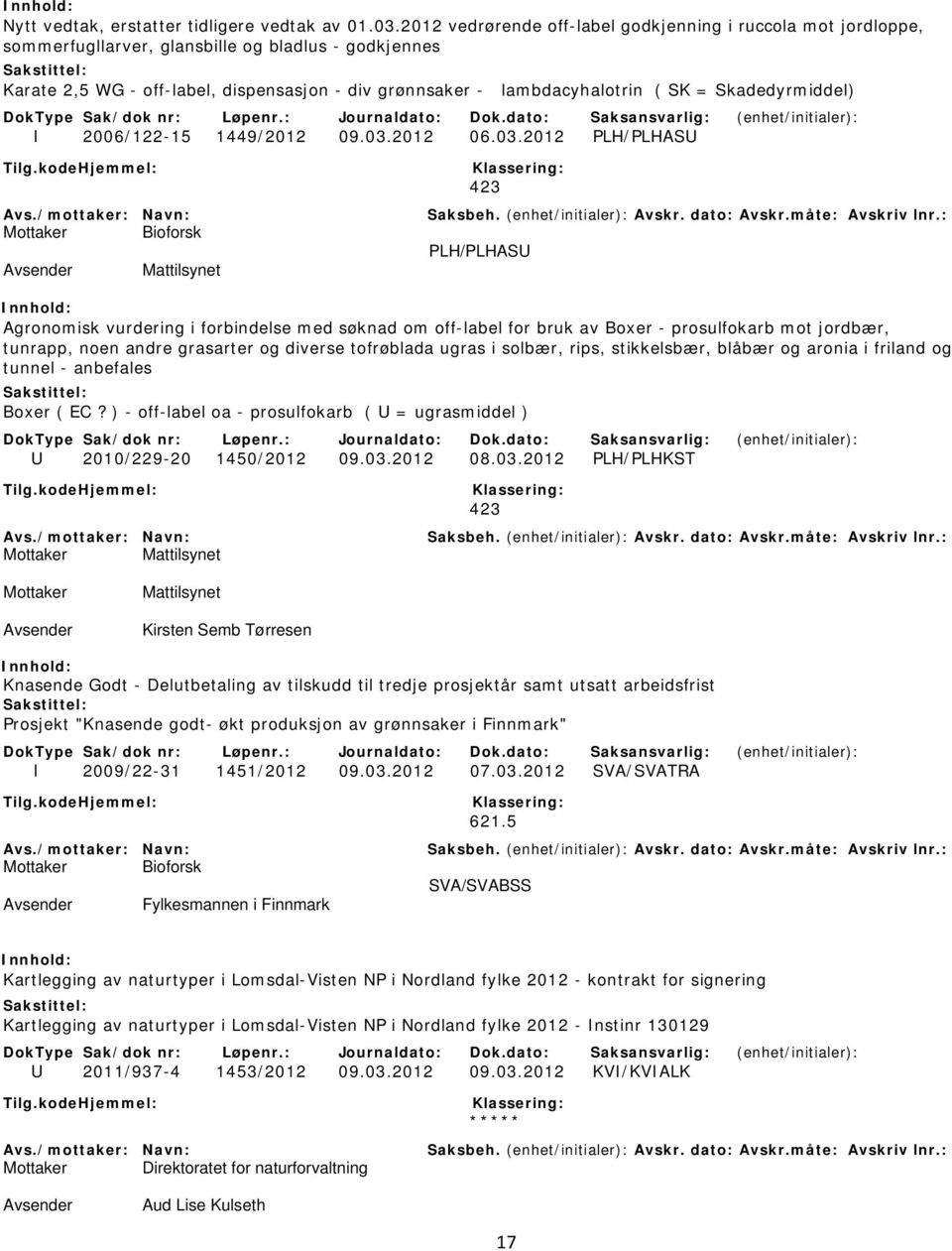 Skadedyrmiddel) I 2006/122-15 1449/2012 09.03.