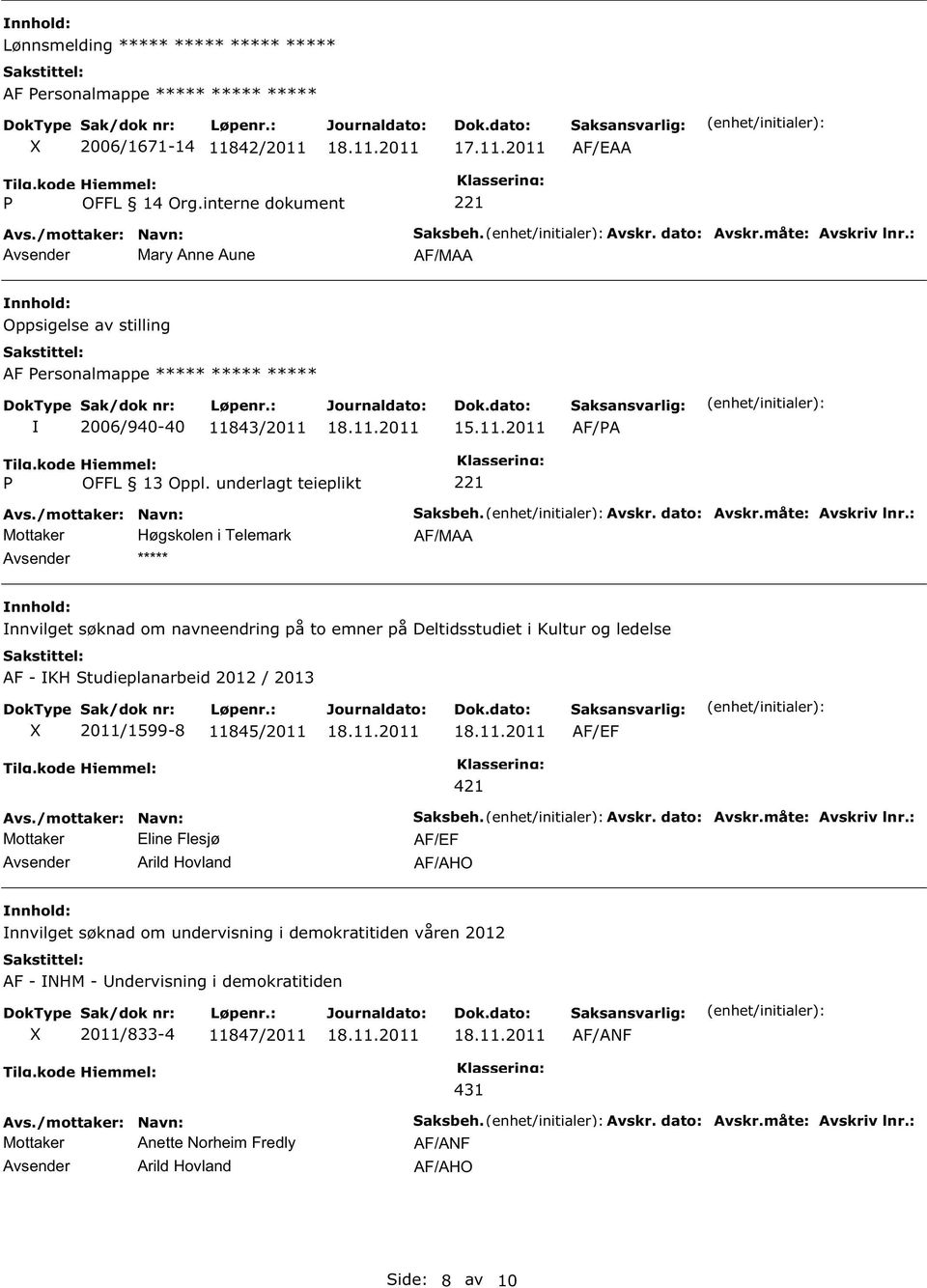 : AF/MAA nnvilget søknad om navneendring på to emner på Deltidsstudiet i Kultur og ledelse AF - KH tudieplanarbeid 2012 / 2013 2011/1599-8 11845/2011 Mottaker Eline Flesjø Arild Hovland 421 aksbeh.