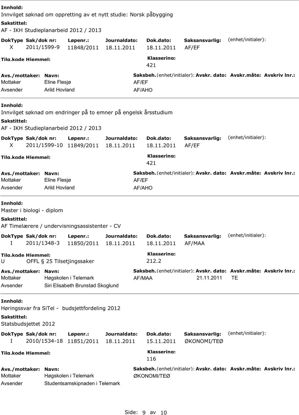 Avskr. dato: Avskr.måte: Avskriv lnr.: AF/AHO Master i biologi - diplom AF Timelærere / undervisningsassistenter - CV 2011/1348-3 11850/2011 AF/MAA 212.2 aksbeh. Avskr. dato: Avskr.måte: Avskriv lnr.: AF/MAA 21.