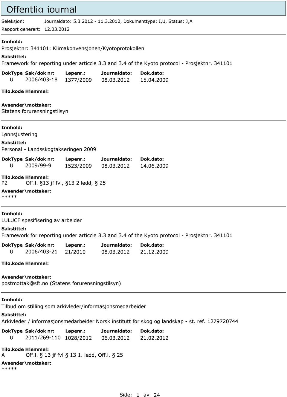 2009 Statens forurensningstilsyn Lønnsjustering Personal - Landsskogtakseringen 2009 2009/99-9 1523/2009 14.06.2009 Off.l. 13 jf fvl, 13 2 ledd, 25 LLCF spesifisering av arbeider Framework for reporting under articcle 3.