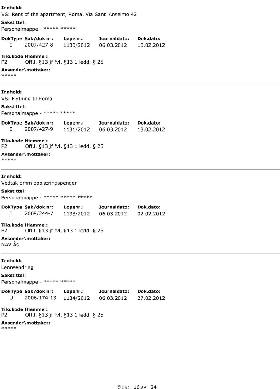 02.2012 Vedtak omm opplæringspenger Personalmappe - 2009/244-7 1133/2012 02.02.2012 NV Ås Lønnsendring Personalmappe - 2006/174-13 1134/2012 27.