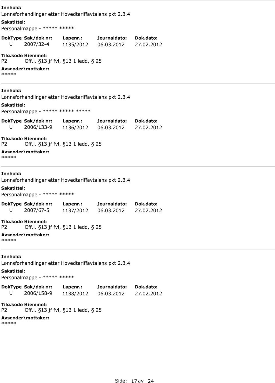 2012 Lønnsforhandlinger etter Hovedtariffavtalens pkt 2.3.4 Personalmappe - 2007/67-5 1137/2012 27.02.