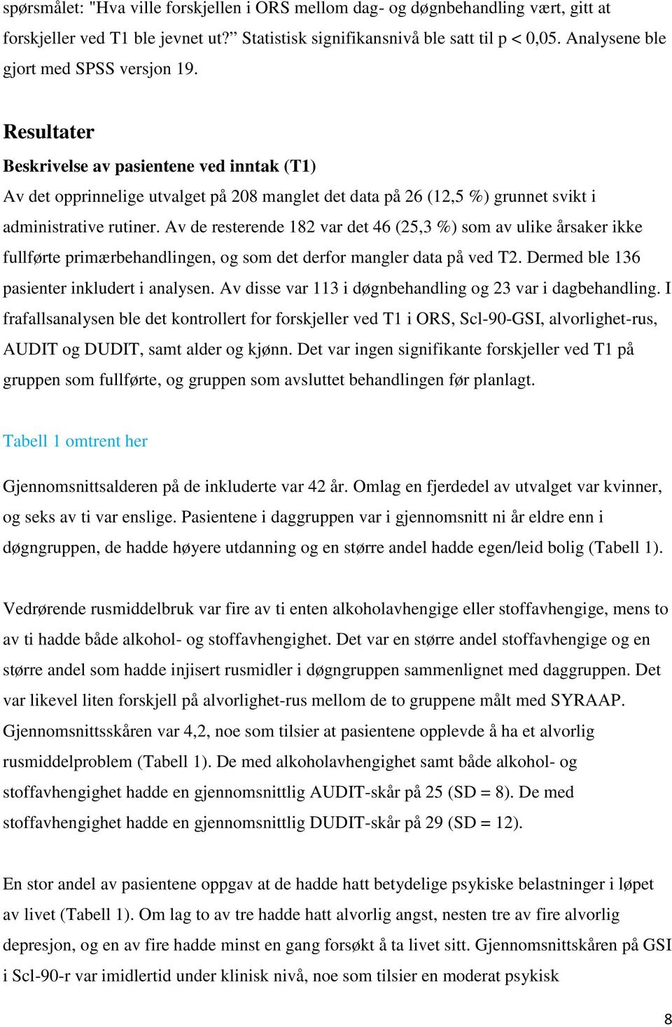 Resultater Beskrivelse av pasientene ved inntak (T1) Av det opprinnelige utvalget på 208 manglet det data på 26 (12,5 %) grunnet svikt i administrative rutiner.