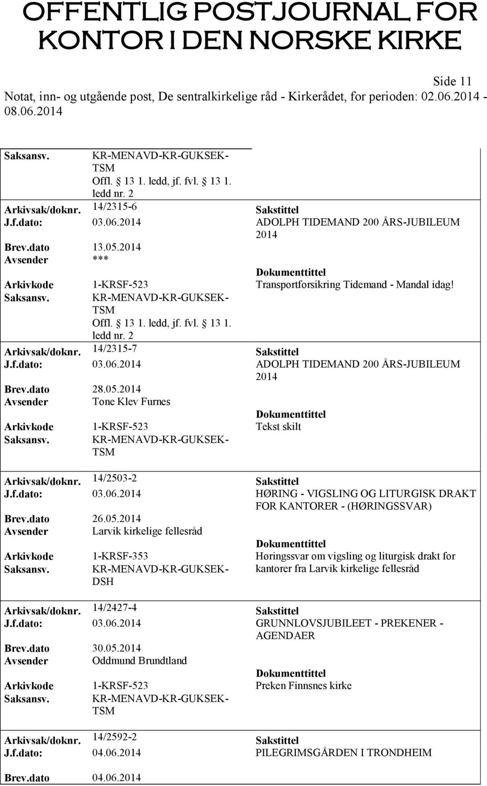 2014 ADOLPH TIDEMAND 200 ÅRS-JUBILEUM 2014 Brev.dato 28.05.2014 Avsender Tone Klev Furnes Arkivkode 1-KRSF-523 Tekst skilt TSM Arkivsak/doknr. 14/2503-2 Sakstittel J.f.dato: 03.06.