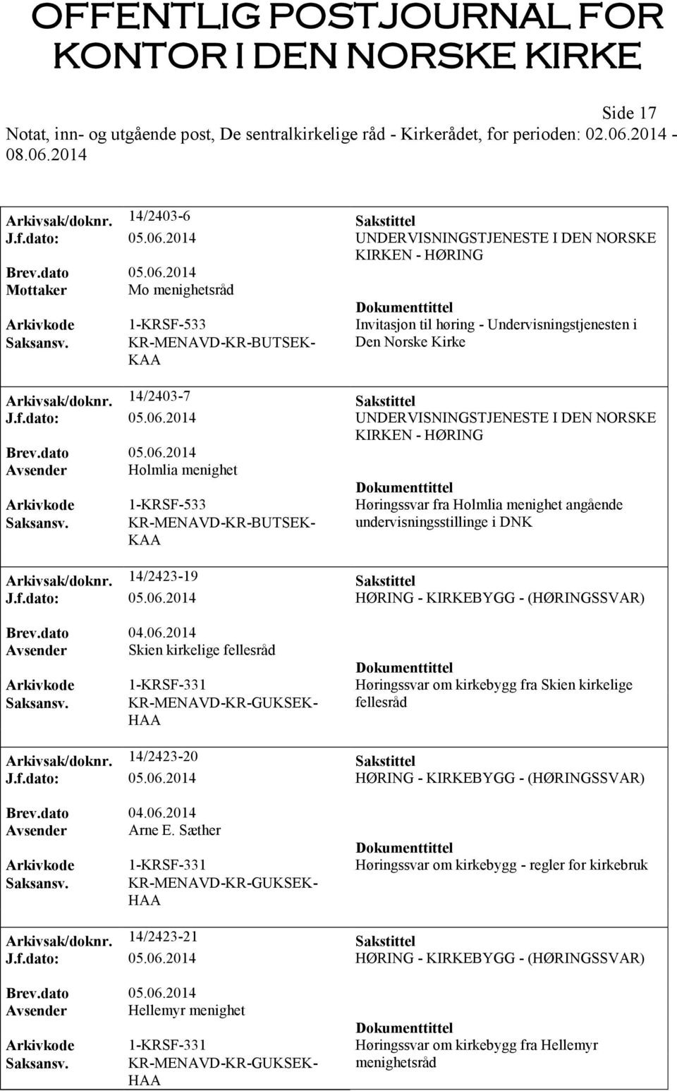 KR-MENAVD-KR-BUTSEK- KAA Den Norske Kirke Arkivsak/doknr. 14/2403-7 Sakstittel J.f.dato: 05.06.