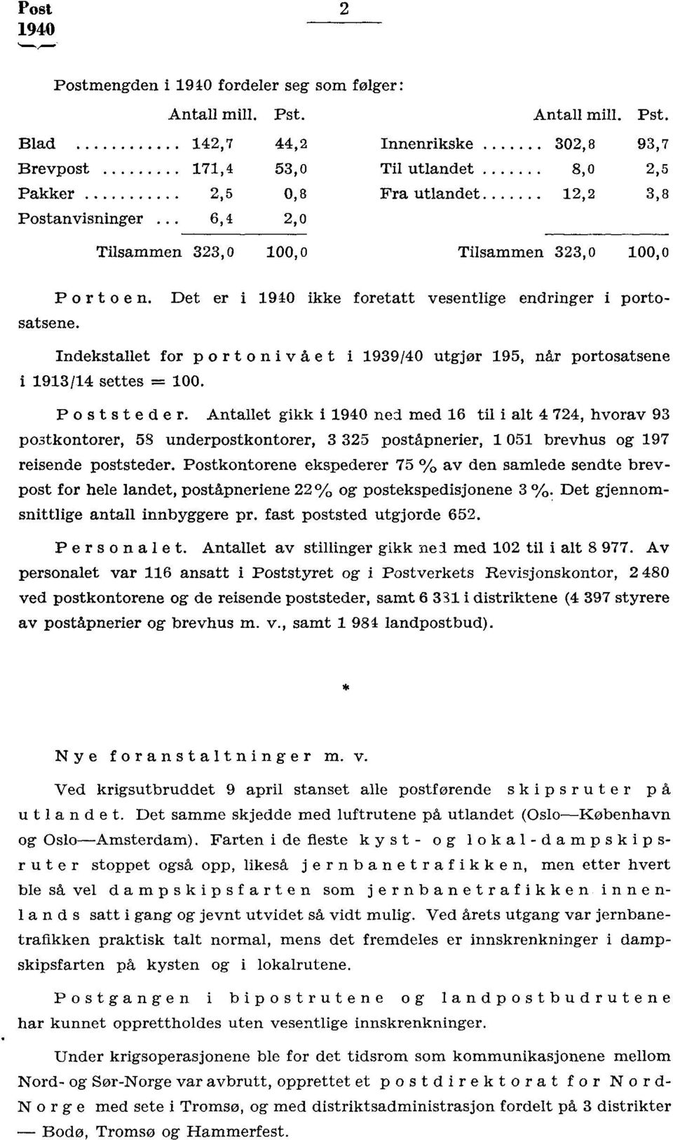 Indekstallet for port onivået i 99/40 utgjør 95, når portosatsene i 9/4 settes = 00. Po ststede r.