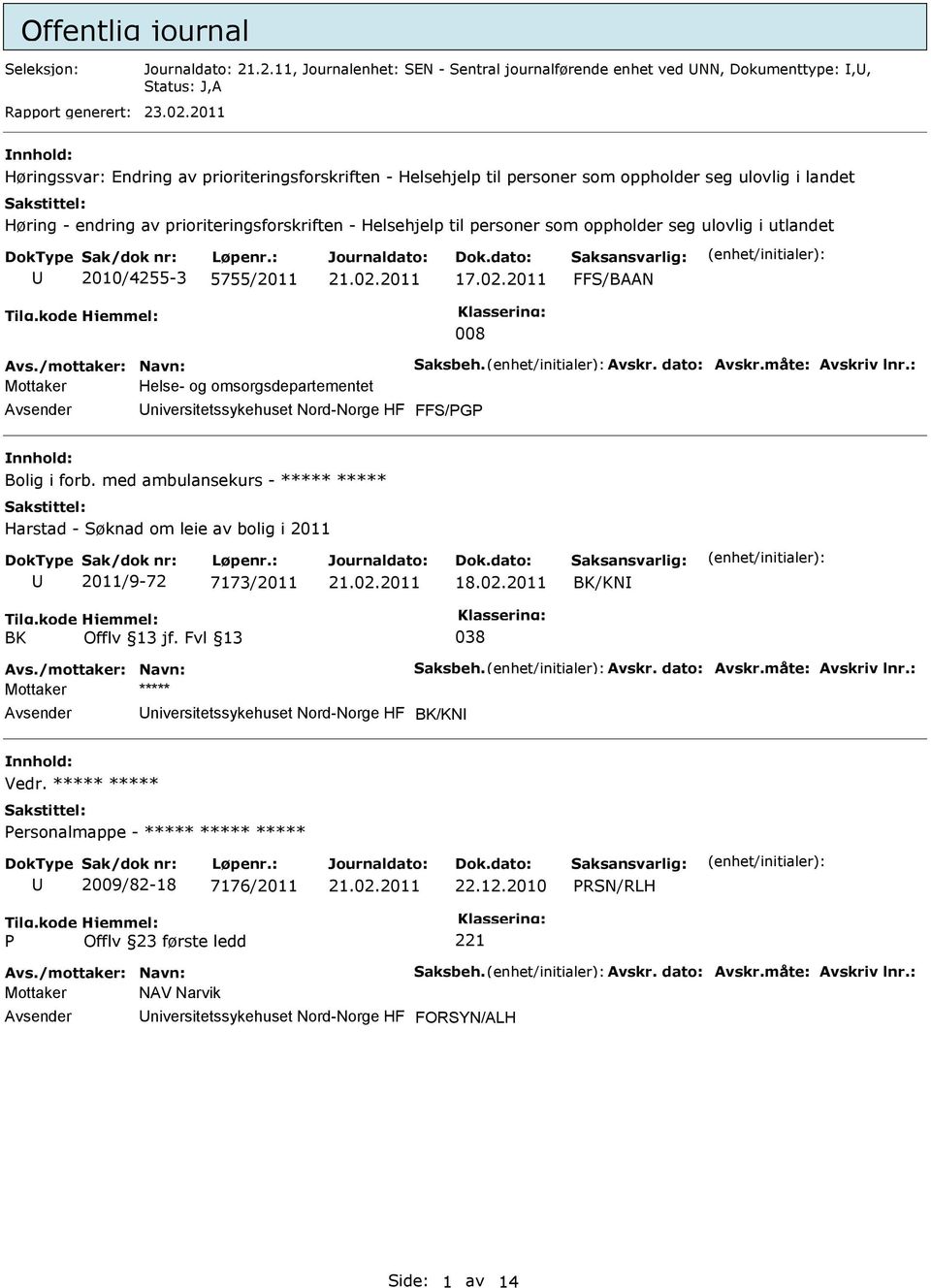 seg ulovlig i utlandet 2010/4255-3 5755/2011 17.02.2011 FFS/BAAN 008 Mottaker Helse- og omsorgsdepartementet niversitetssykehuset Nord-Norge HF FFS/PGP Bolig i forb.