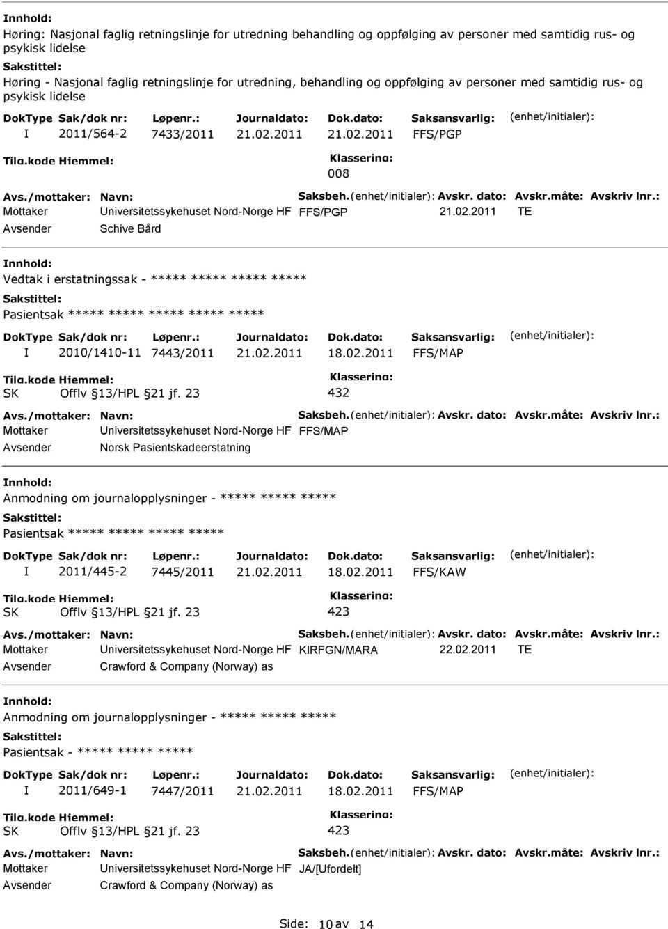 ***** ***** Pasientsak ***** ***** ***** ***** ***** 2010/1410-11 7443/2011 FFS/MAP 432 Mottaker niversitetssykehuset Nord-Norge HF FFS/MAP Norsk Pasientskadeerstatning Anmodning om