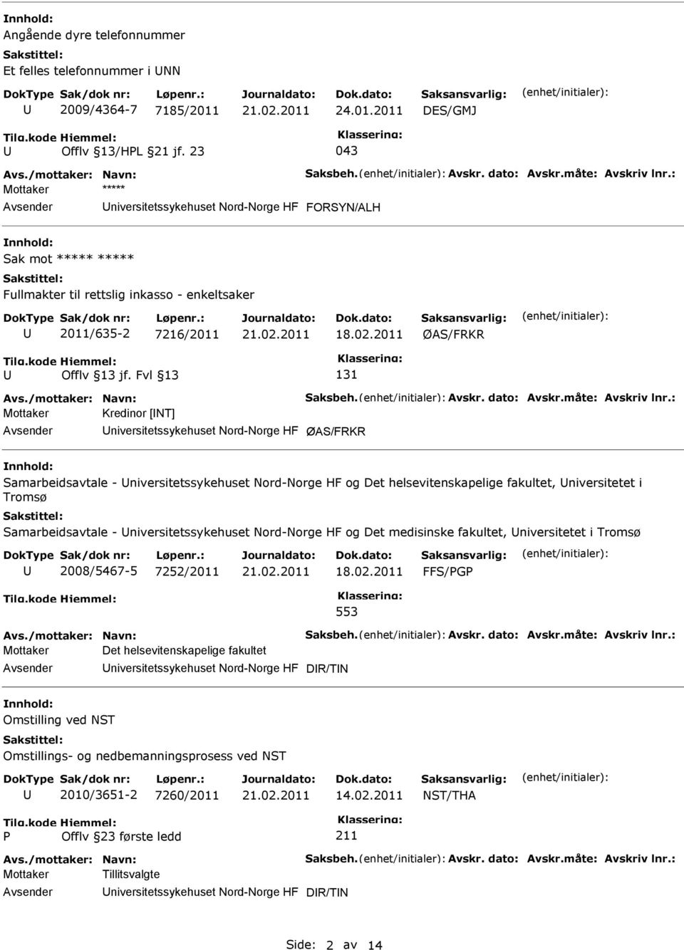 2011 DES/GMJ 043 Mottaker ***** niversitetssykehuset Nord-Norge HF FORSYN/ALH Sak mot ***** ***** Fullmakter til rettslig inkasso - enkeltsaker 2011/635-2 7216/2011 ØAS/FRKR 131 Mottaker Kredinor