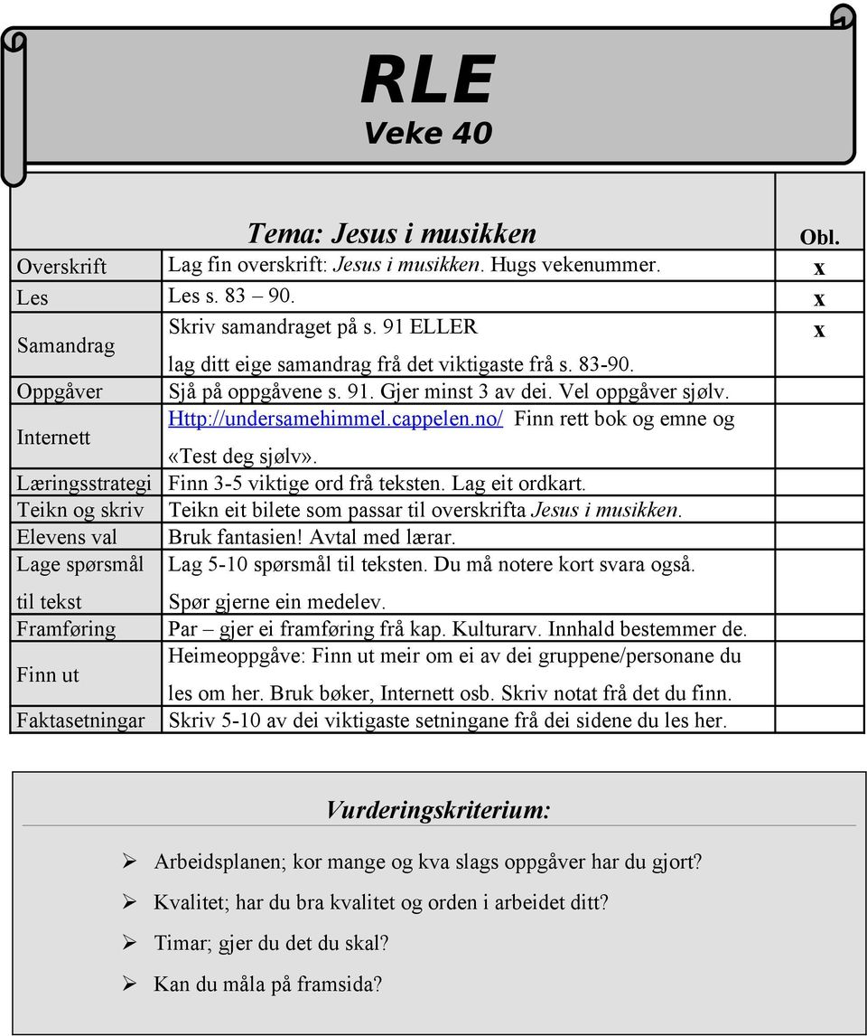 no/ Finn rett bok og emne og «Test deg sjølv». Læringsstrategi Finn 3-5 viktige ord frå teksten. Lag eit ordkart. Teikn og skriv Teikn eit bilete som passar til overskrifta Jesus i musikken.