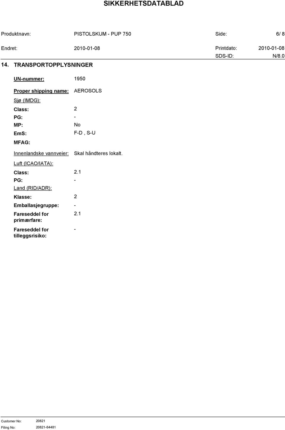 MP: EmS: MFAG: Innenlandske vannveier: Luft (ICAO/IATA): Class: PG: Land