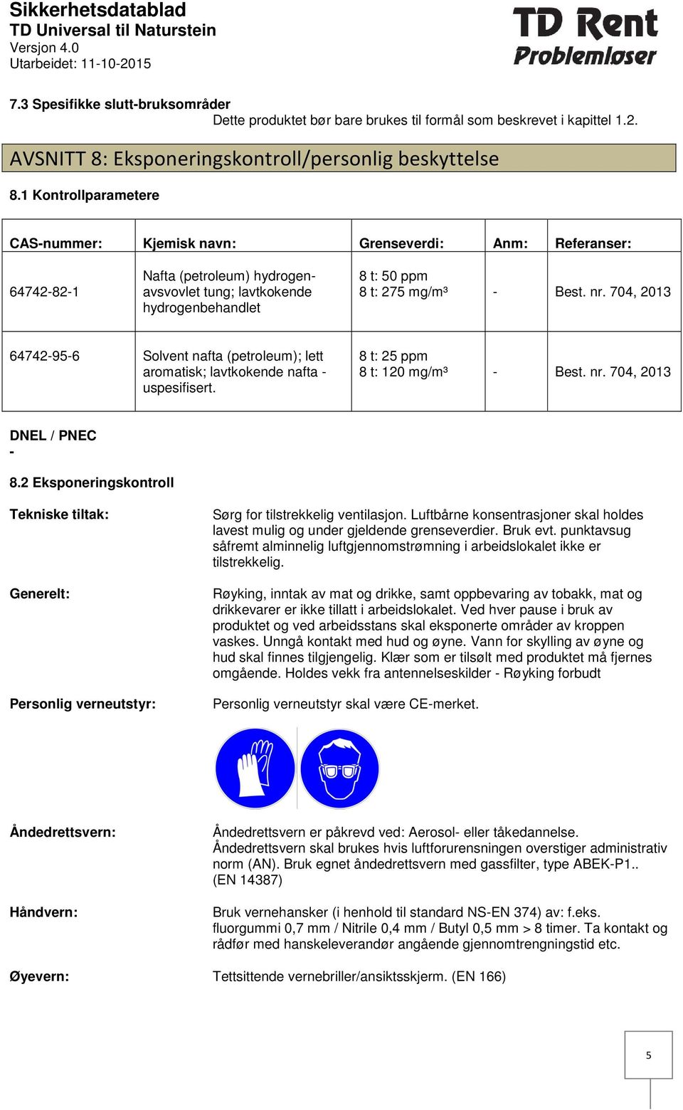 704, 2013 64742956 Solvent nafta (petroleum); lett aromatisk; lavtkokende nafta uspesifisert. 8 t: 25 ppm 8 t: 120 mg/m³ Best. nr. 704, 2013 DNEL / PNEC 8.