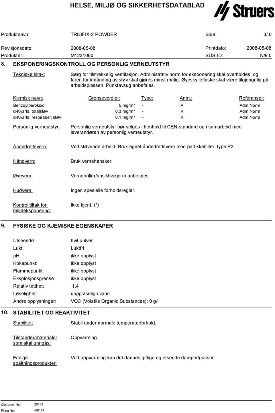 Kjemisk navn: Grenseverdier: Type: Anm.: Referanser: Benzoylperoksid 5 mg/m³ - A Adm.Norm α-kvarts, totalstøv 0,3 mg/m³ - K Adm.Norm α-kvarts, respirabelt støv 0,1 mg/m³ - K Adm.