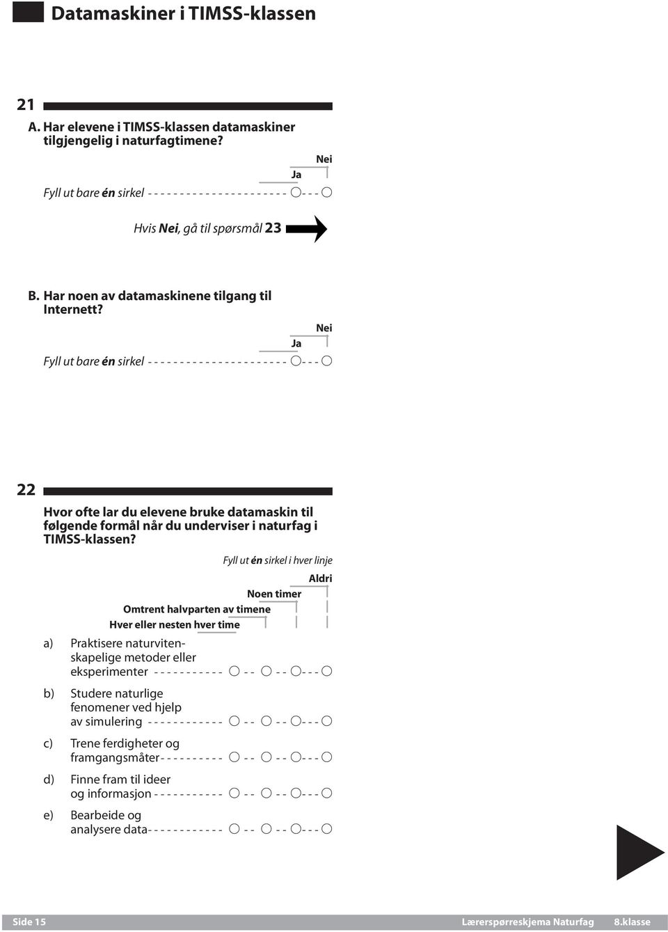 Ja Nei Fyll ut bare én sirkel----------------------- A---A 22 Hvor ofte lar du elevene bruke datamaskin til følgende formål når du underviser i naturfag i TIMSS-klassen?