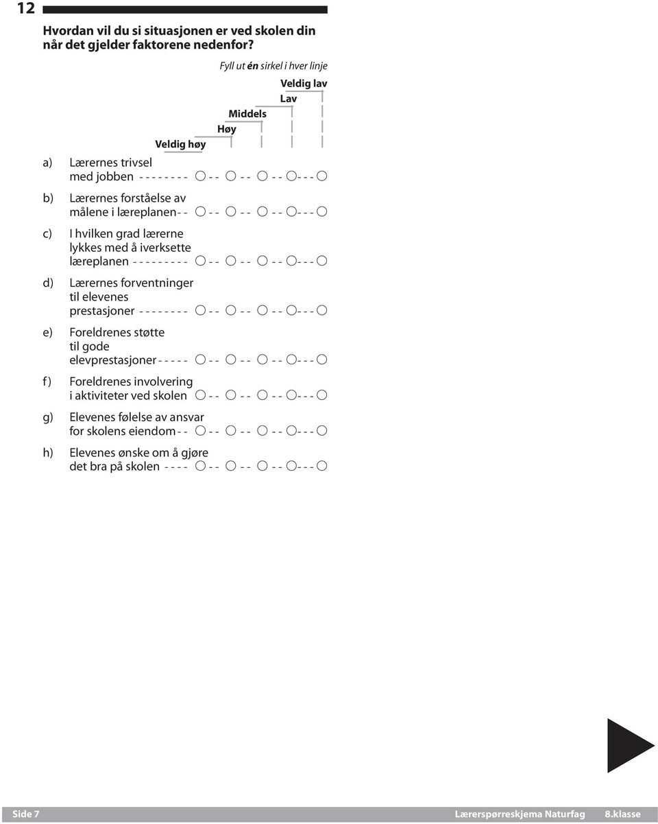 lærerne lykkes med å iverksette læreplanen---------- A -- A--- A--- A---A d) Lærernes forventninger til elevenes prestasjoner--------- A -- A--- A--- A---A e) Foreldrenes støtte til gode