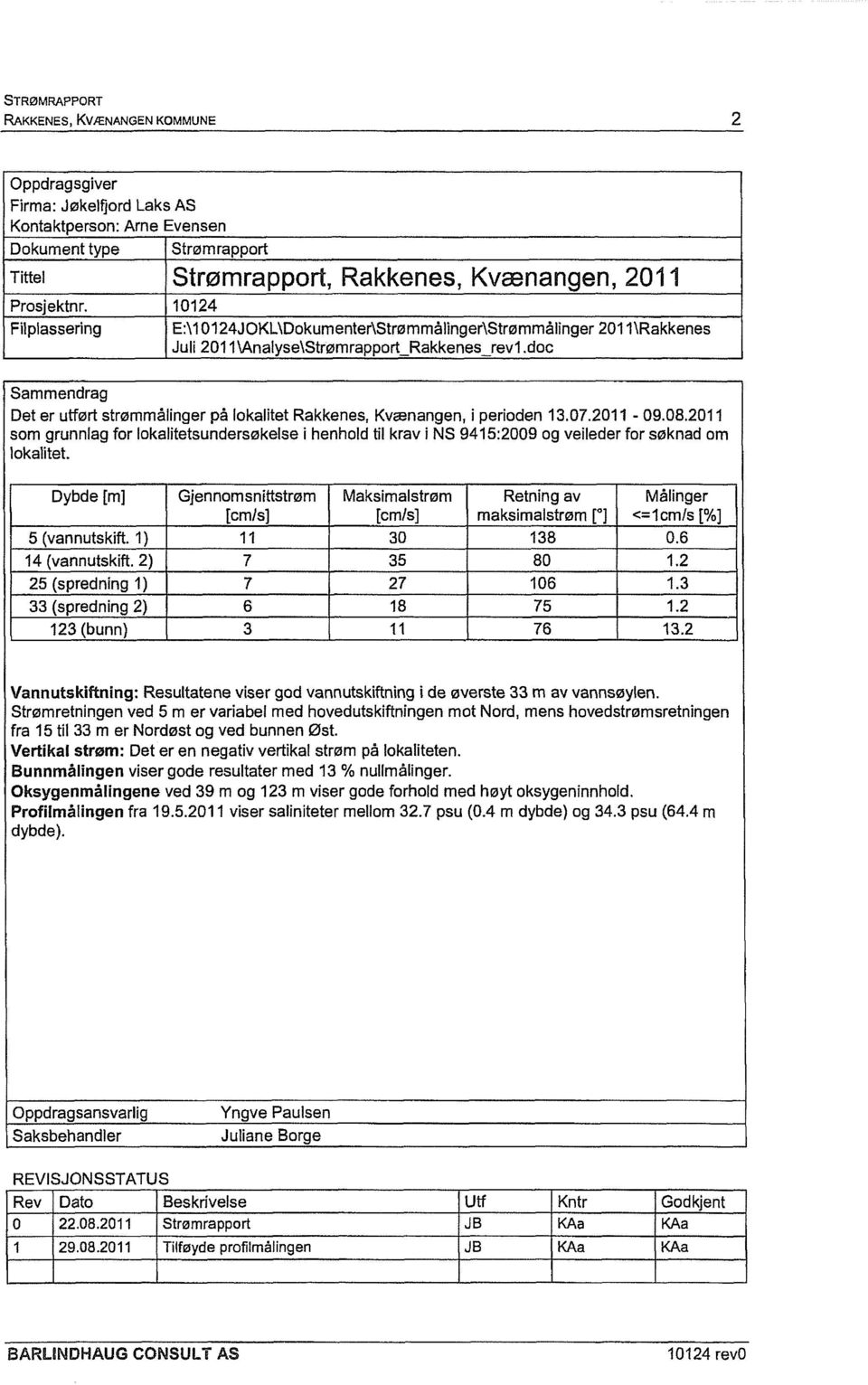 doc Sammendrag Det er utrørt strømmålinger på lokalitet Rakkenes, Kvænangen, i perioden 13.07.2011-09.08.