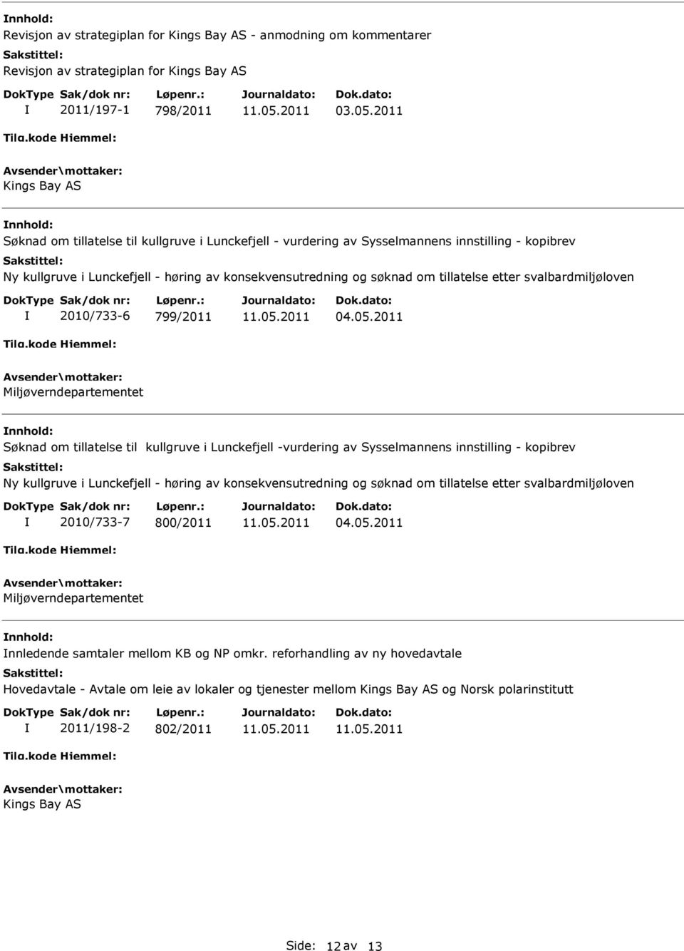 2011 Miljøverndepartementet nnhold: Søknad om tillatelse til kullgruve i Lunckefjell -vurdering av Sysselmannens innstilling - kopibrev Ny kullgruve i Lunckefjell - høring av konsekvensutredning og