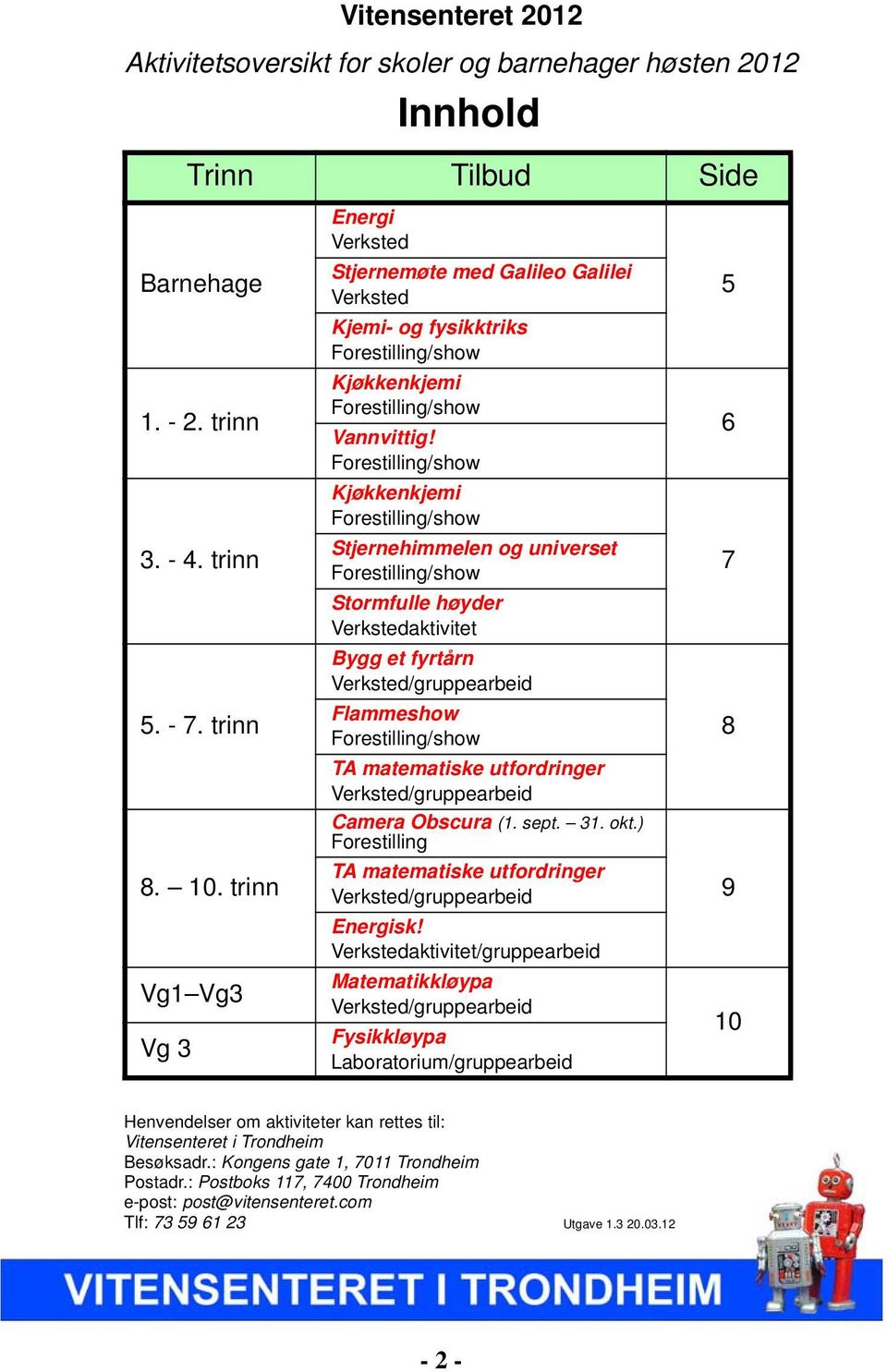 Kjøkkenkjemi Stjernehimmelen og universet Stormfulle høyder Verkstedaktivitet Bygg et fyrtårn Verksted/gruppearbeid Flammeshow TA matematiske utfordringer Verksted/gruppearbeid Camera Obscura (1.