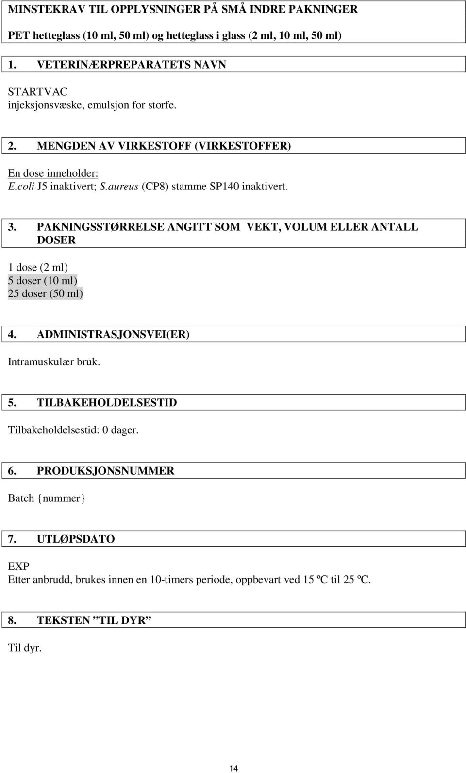 aureus (CP8) stamme SP140 inaktivert. 3. PAKNINGSSTØRRELSE ANGITT SOM VEKT, VOLUM ELLER ANTALL DOSER 1 dose (2 ml) 5 doser (10 ml) 25 doser (50 ml) 4.