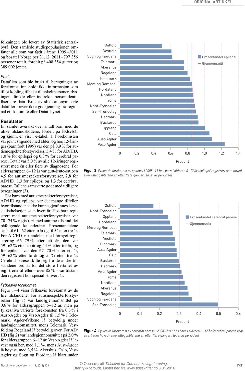 Etikk Datafilen som ble brukt til beregninger av forekomst, inneholdt ikke informasjon som tillot kobling tilbake til enkeltpersoner, dvs. ingen direkte eller indirekte personidentifiserbare data.