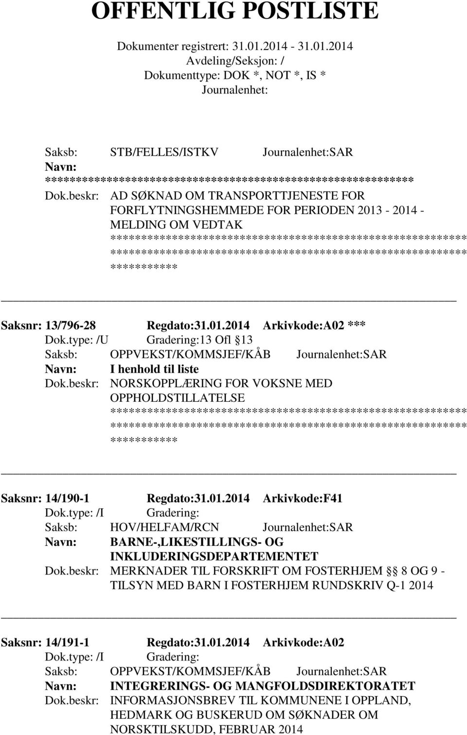 2014 Arkivkode:F41 Saksb: HOV/HELFAM/RCN SAR BARNE-,LIKESTILLINGS- OG INKLUDERINGSDEPARTEMENTET Dok.
