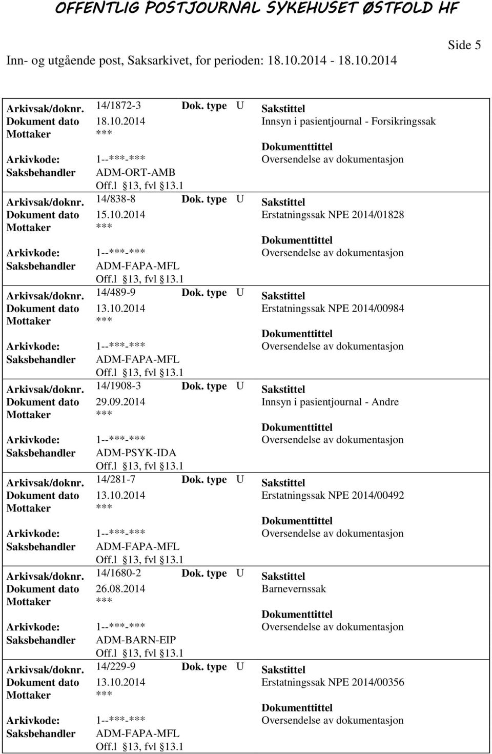 14/1908-3 Dok. type U Sakstittel Dokument dato 29.09.2014 Innsyn i pasientjournal - Andre Arkivsak/doknr. 14/281-7 Dok. type U Sakstittel Dokument dato 13.10.