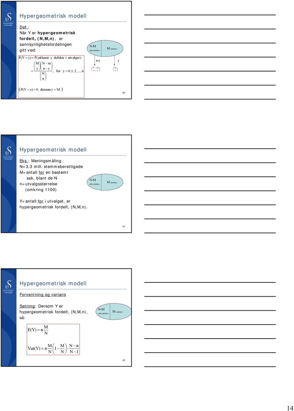 .., N N-M (ikke-defekte) - N M M (defekte) M ( P(Y ), dersom > M. ) 4 Hergeometrisk modell Eks.: Meigsmålig. N3.3 mill.