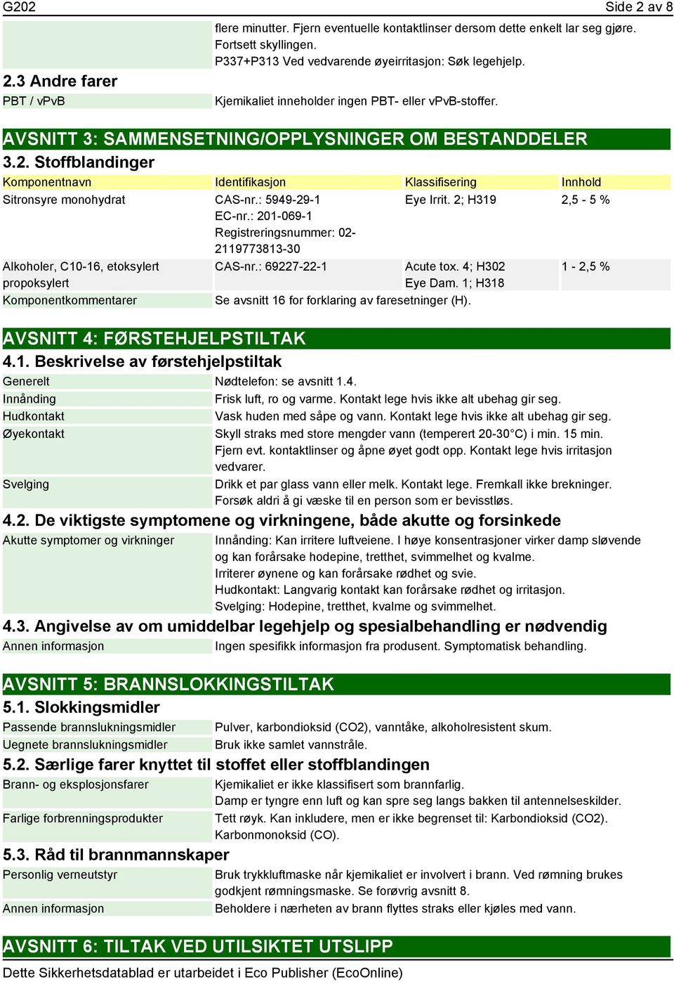 Stoffblandinger Komponentnavn Identifikasjon Klassifisering Innhold Sitronsyre monohydrat CAS-nr.: 5949-29-1 EC-nr.