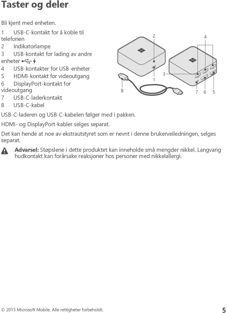 DisplayPort-kontakt for videoutgang 7 USB-C-laderkontakt 8 USB-C-kabel USB-C-laderen og USB-C-kabelen følger med i pakken. HDMI- og DisplayPort-kabler selges separat.