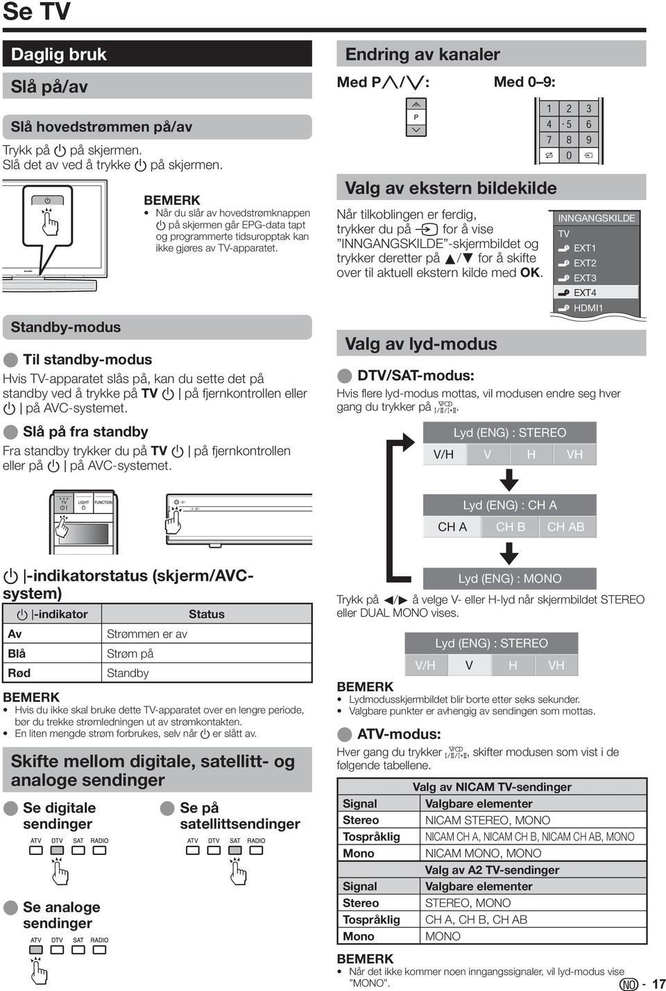 E Til standby-modus Hvis TV-apparatet slås på, kan du sette det på standby ved å trykke på TV B på fjernkontrollen eller B på AVC-systemet.