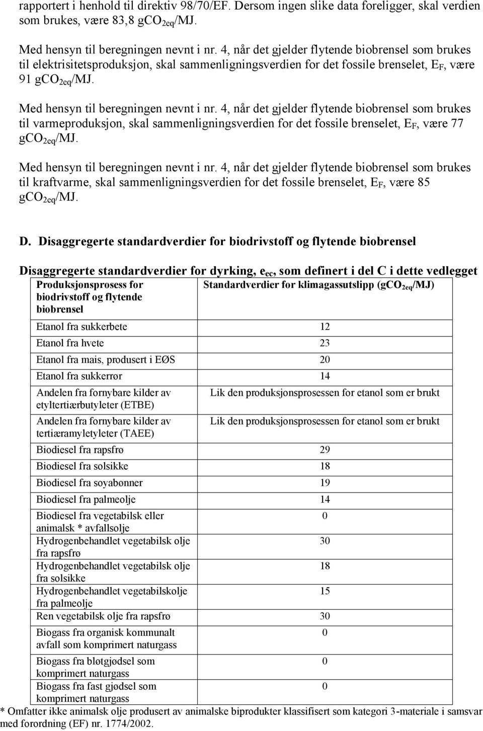 4, når det gjelder flytende biobrensel som brukes til varmeproduksjon, skal sammenligningsverdien for det fossile brenselet, E F, være 77 gco 2eq /MJ. Med hensyn til beregningen nevnt i nr.