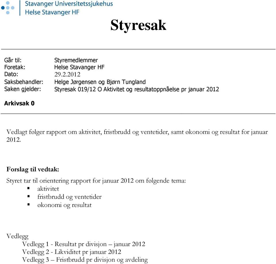 Vedlagt følger rapport om aktivitet, fristbrudd og ventetider, samt økonomi og resultat for januar 2012.