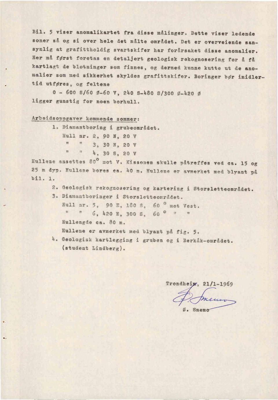 Boringer bør imidlertid utføres, og feltene 0-600 8/60 0-60 V, 0 S-80 8/00 0-0 ø ligger gunstig for noen borhull. Arbeidsompgaver kommende sommer: Diamantboring i grubeområdet. Hull nr.