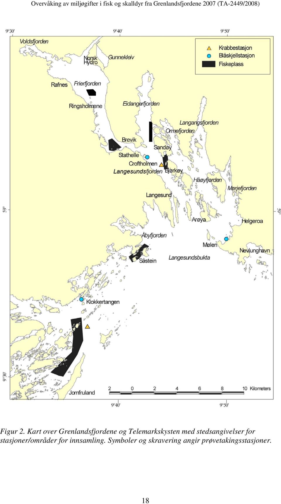 Telemarkskysten med stedsangivelser for